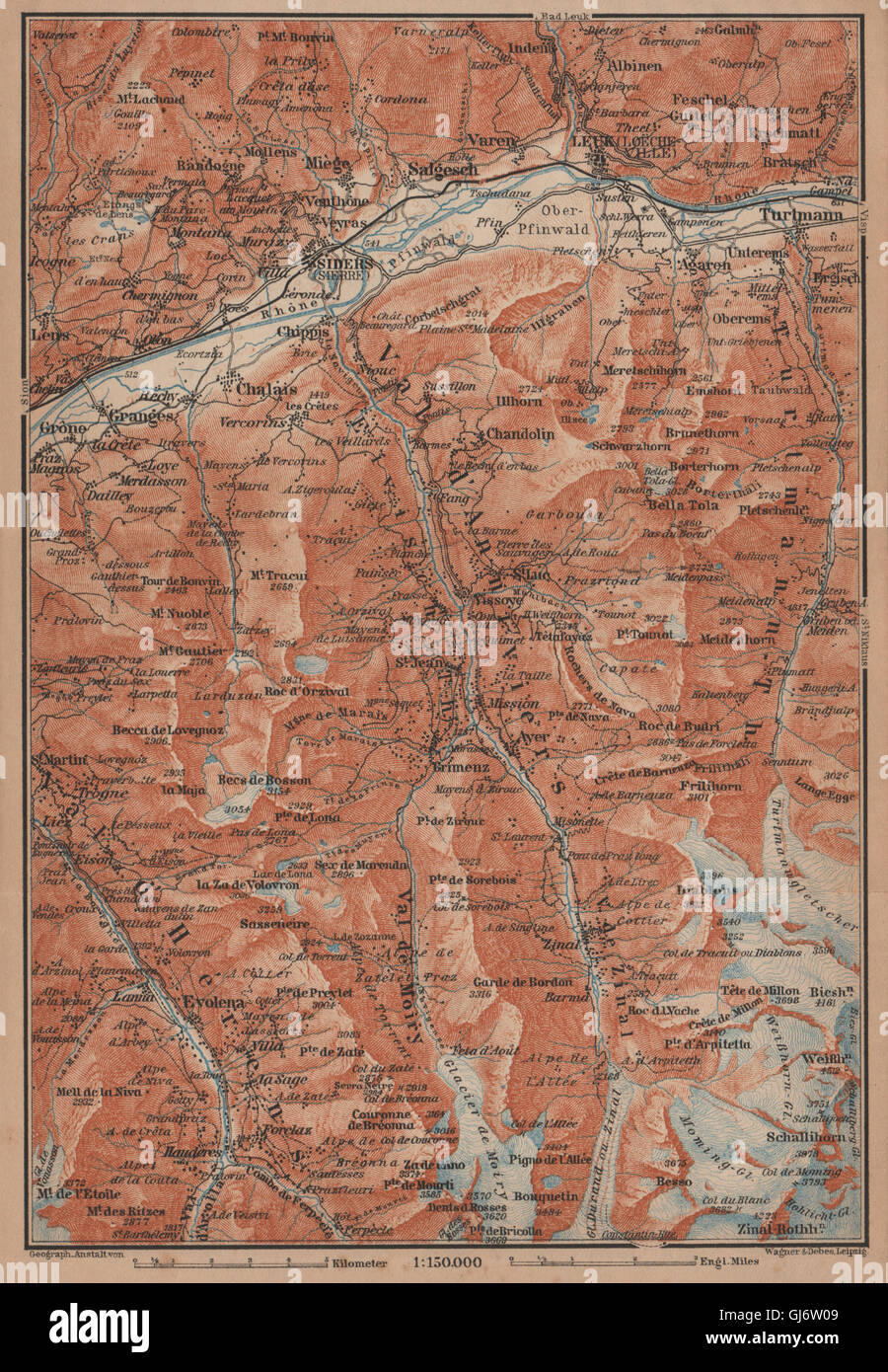 SIERRE & VAL D'ANNIVIERS. Crans-Montana Grimentz Leukle Weisshorn, 1905 map Stock Photo