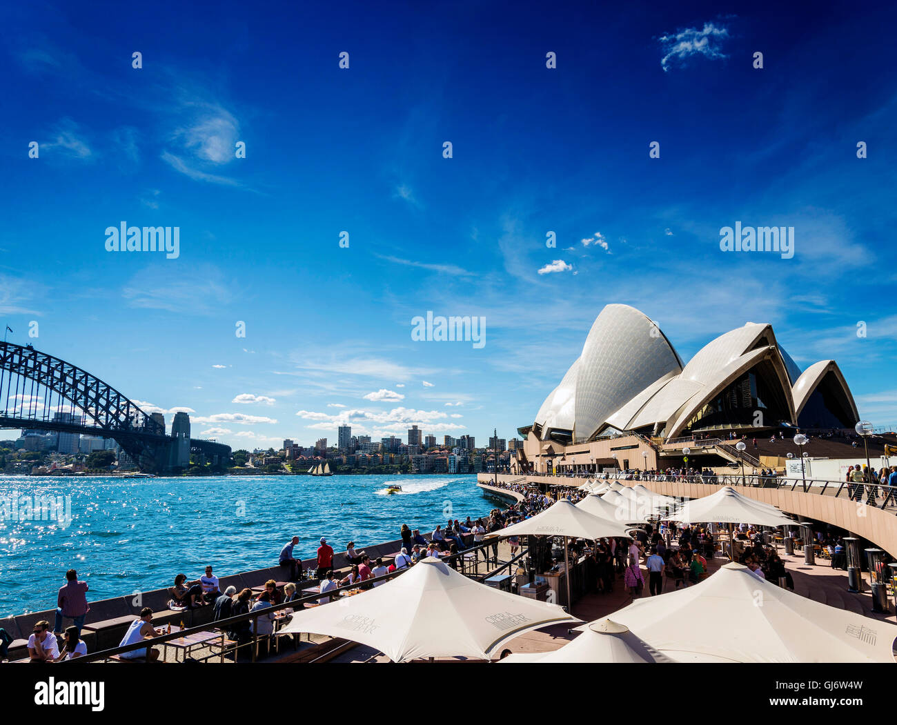 sydney opera house famous landmark and waterside cafe restaurant promenade in australia Stock Photo
