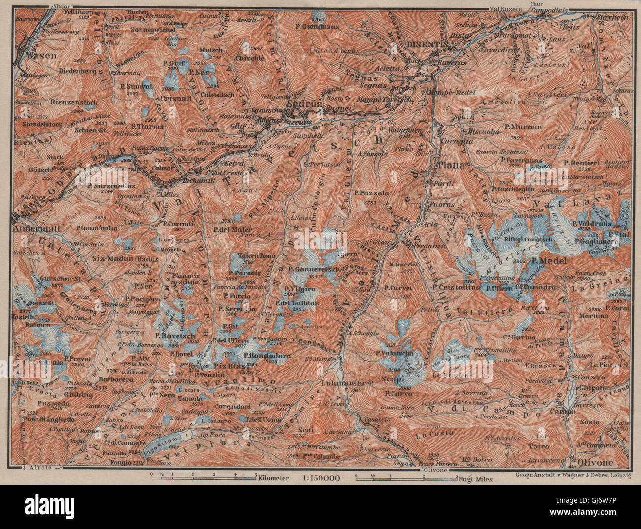 VAL TAVETSCH/MEDEL. Andermatt Disentis Sedrun Wassen Piz Medel. Topo-map 1905 Stock Photo