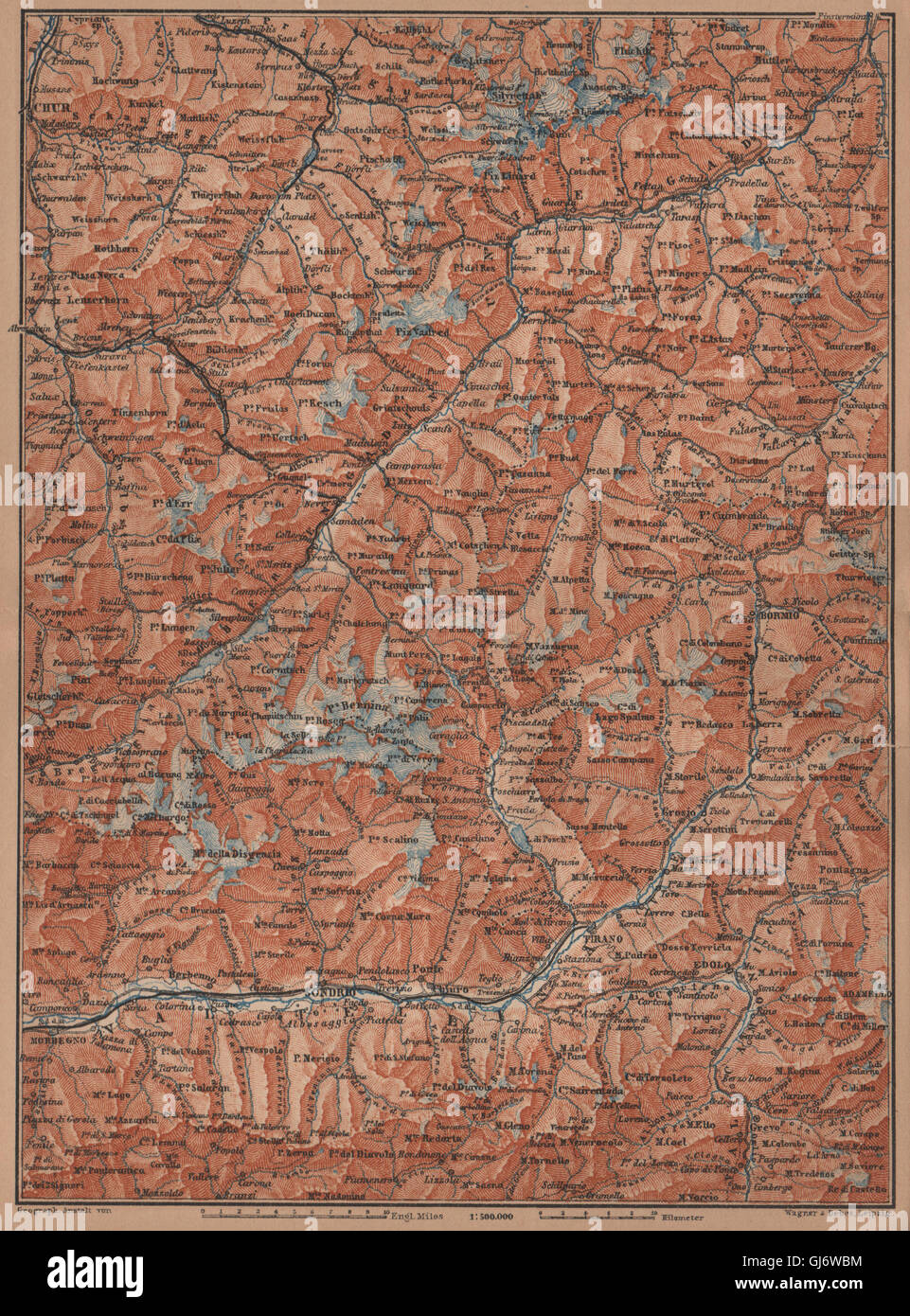 ENGADINE/VAL TELLINA. Davos Arosa Sils Bormio Livigno Sondrio Chur, 1905 map Stock Photo