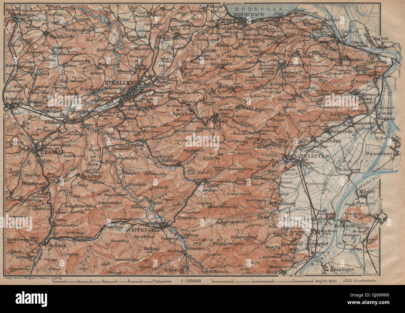 ST GALLEN/APPENZELL area. Herigau Altstätten Heiden Rheineck Rorschach, 1907 map Stock Photo