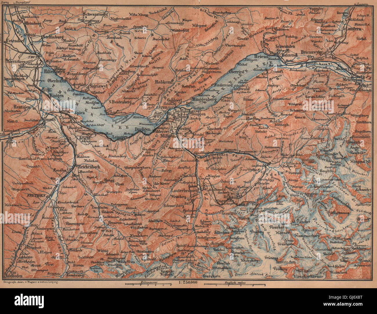 BERNESE OBERLAND. Wengen Mürren Grundelwald Reutigen Interlaken Eiger, 1907 map Stock Photo
