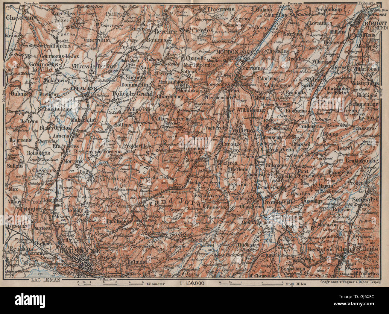 PAYS DE VAUD North. Lausanne Moudon Romont Jorat Moudon Echallens, 1907 map Stock Photo