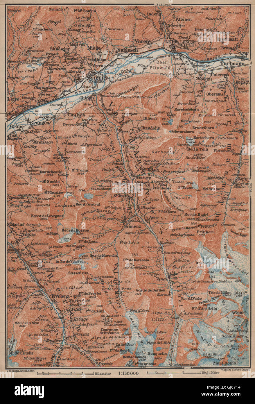 SIERRE & VAL D'ANNIVIERS. Crans-Montana Grimentz Leukle Weisshorn, 1907 map Stock Photo