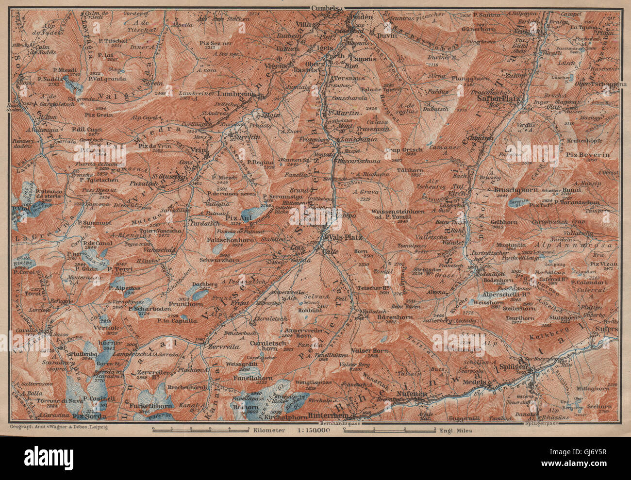 LUGNETZTAL SURSELVA. Valserrhein Furketlihorn Hinterrhein Splügen, 1907 map Stock Photo