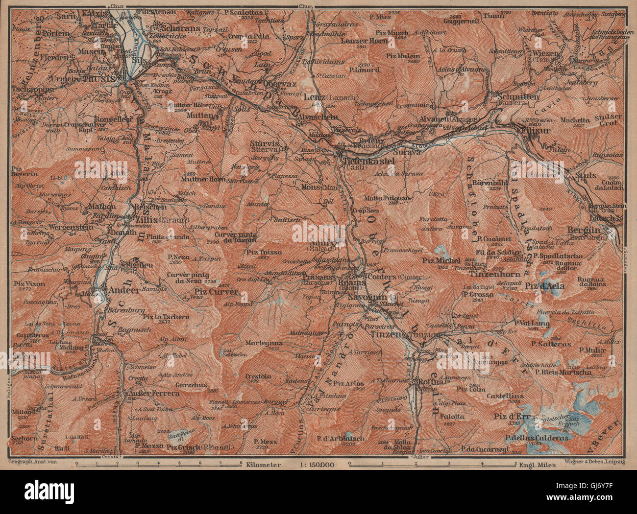 ALBULA ALPS. Thusis Tiefenkastel Savognin Piz Ela/d'Err/Calderas Salux, 1907 map Stock Photo
