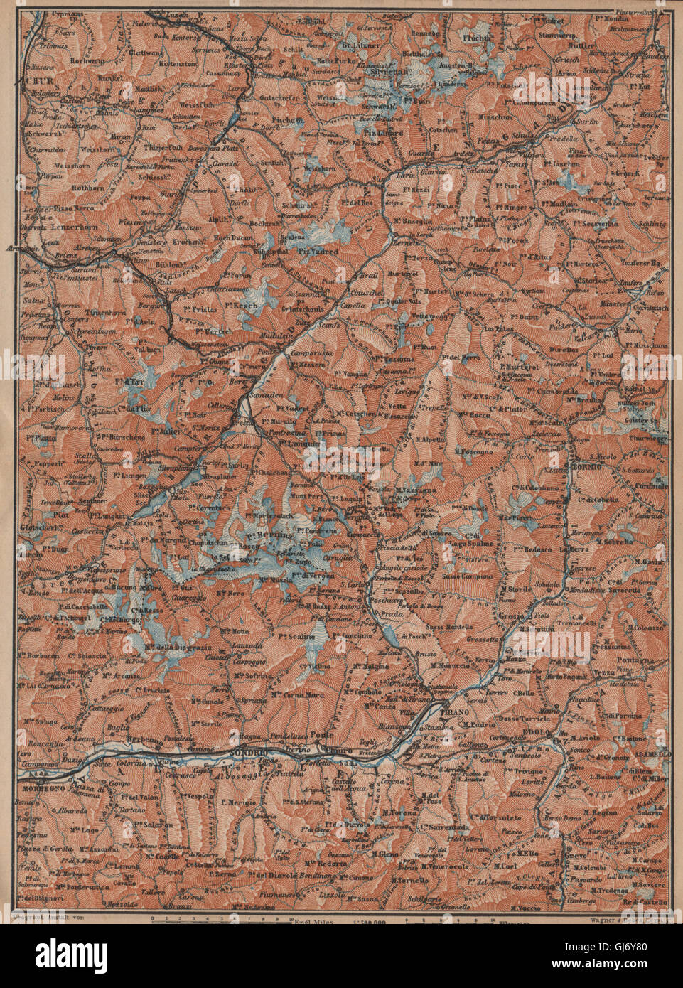ENGADINE/VAL TELLINA. Davos Arosa Sils Bormio Livigno Sondrio Chur, 1907 map Stock Photo