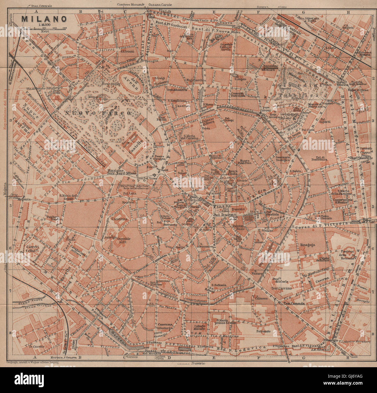 MILAN MILANO. town city plan piano urbanistico. Italy mappa. BAEDEKER, 1907 Stock Photo