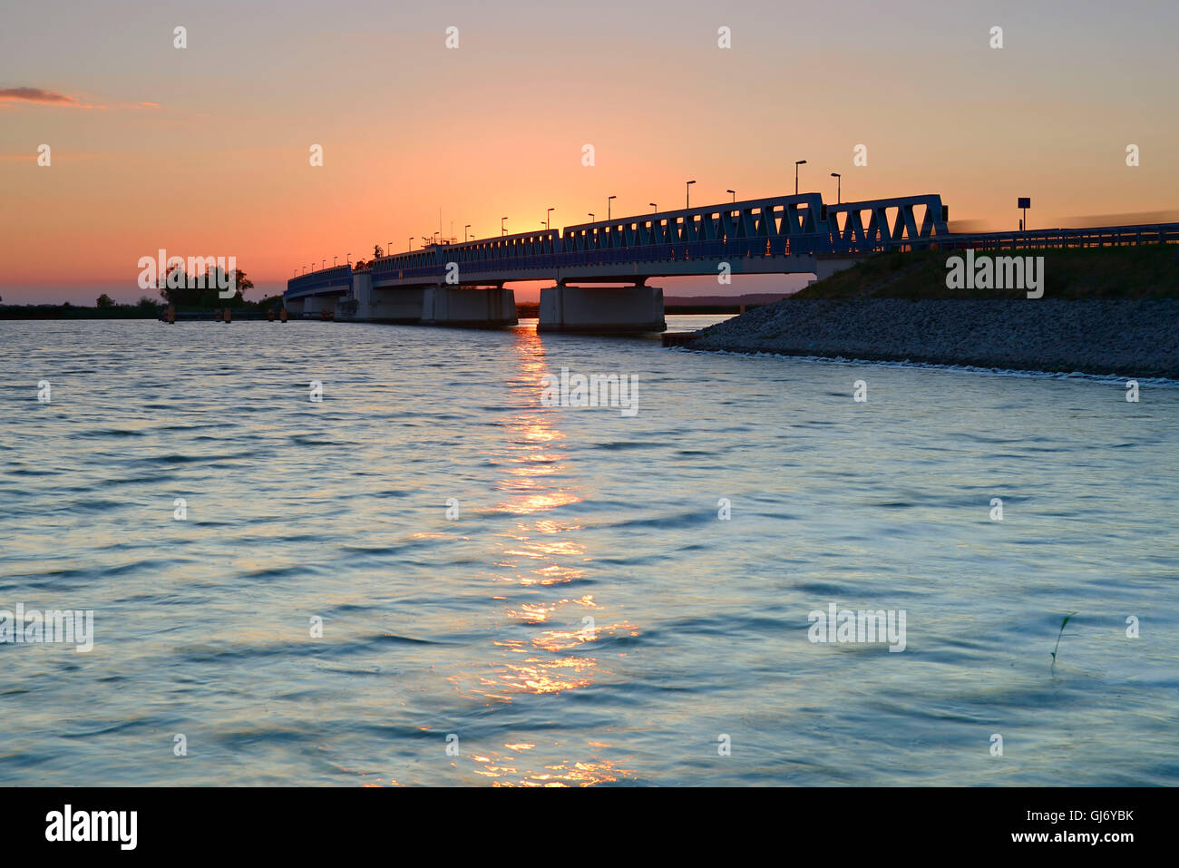 Sunset at the Peenestrom, balance bridge to the island Usedom, Mecklenburg-West Pomerania, Germany Stock Photo