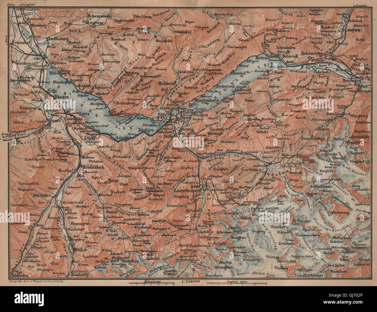 BERNESE OBERLAND. Wengen Mürren Grundelwald Reutigen Interlaken Eiger, 1909 map Stock Photo
