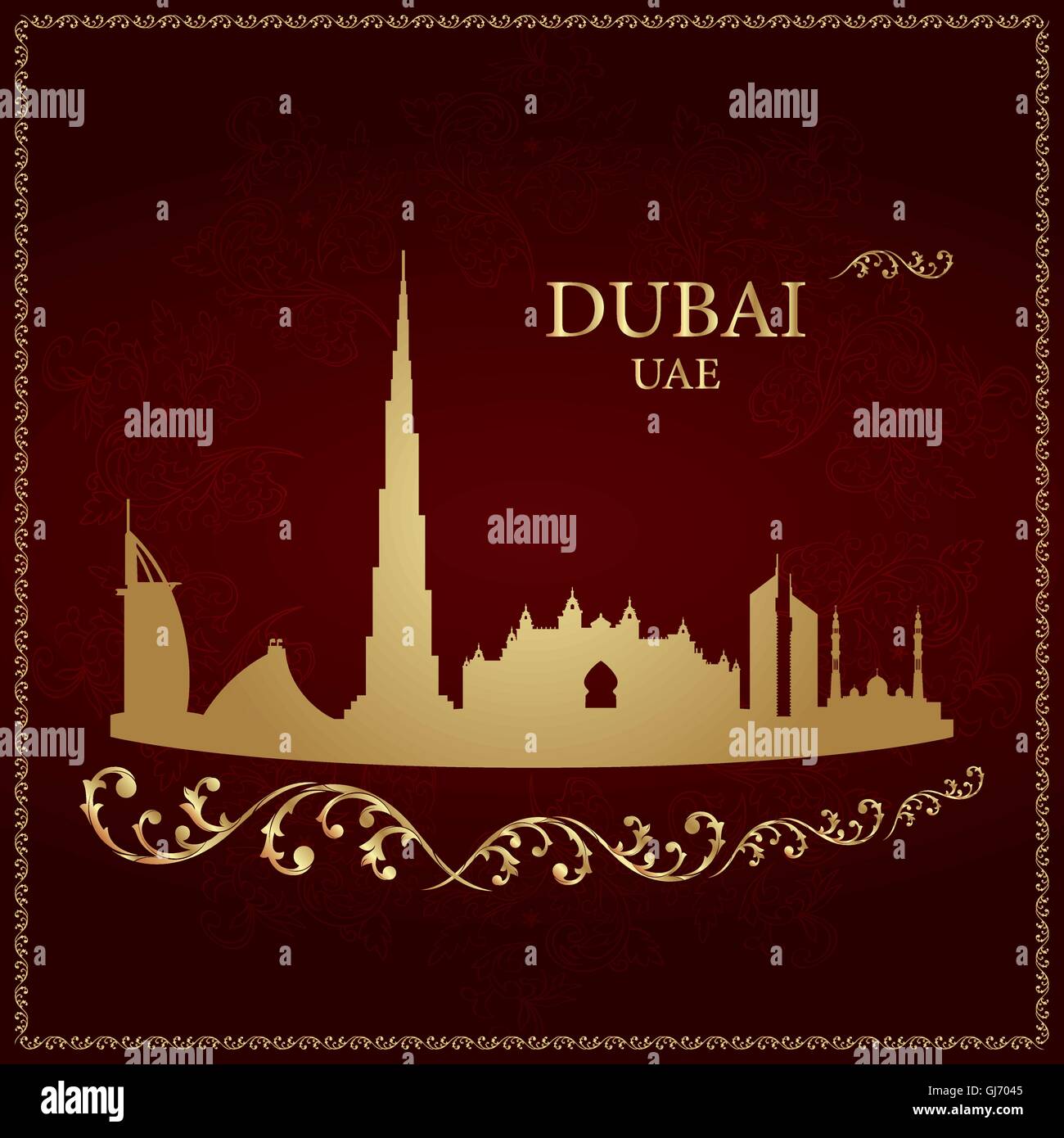 Dubai skyline silhouette on vintage background Stock Vector