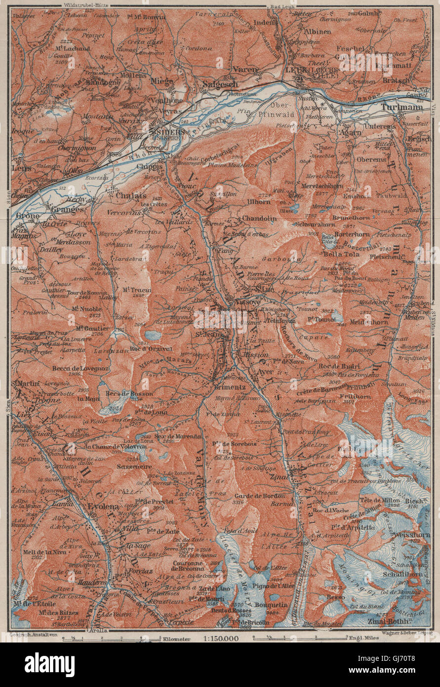 SIERRE & VAL D'ANNIVIERS. Crans-Montana Grimentz Leukle Weisshorn, 1909 map Stock Photo