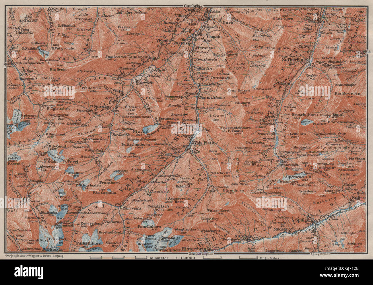 LUGNETZTAL SURSELVA. Valserrhein Furketlihorn Hinterrhein Splügen, 1909 map Stock Photo