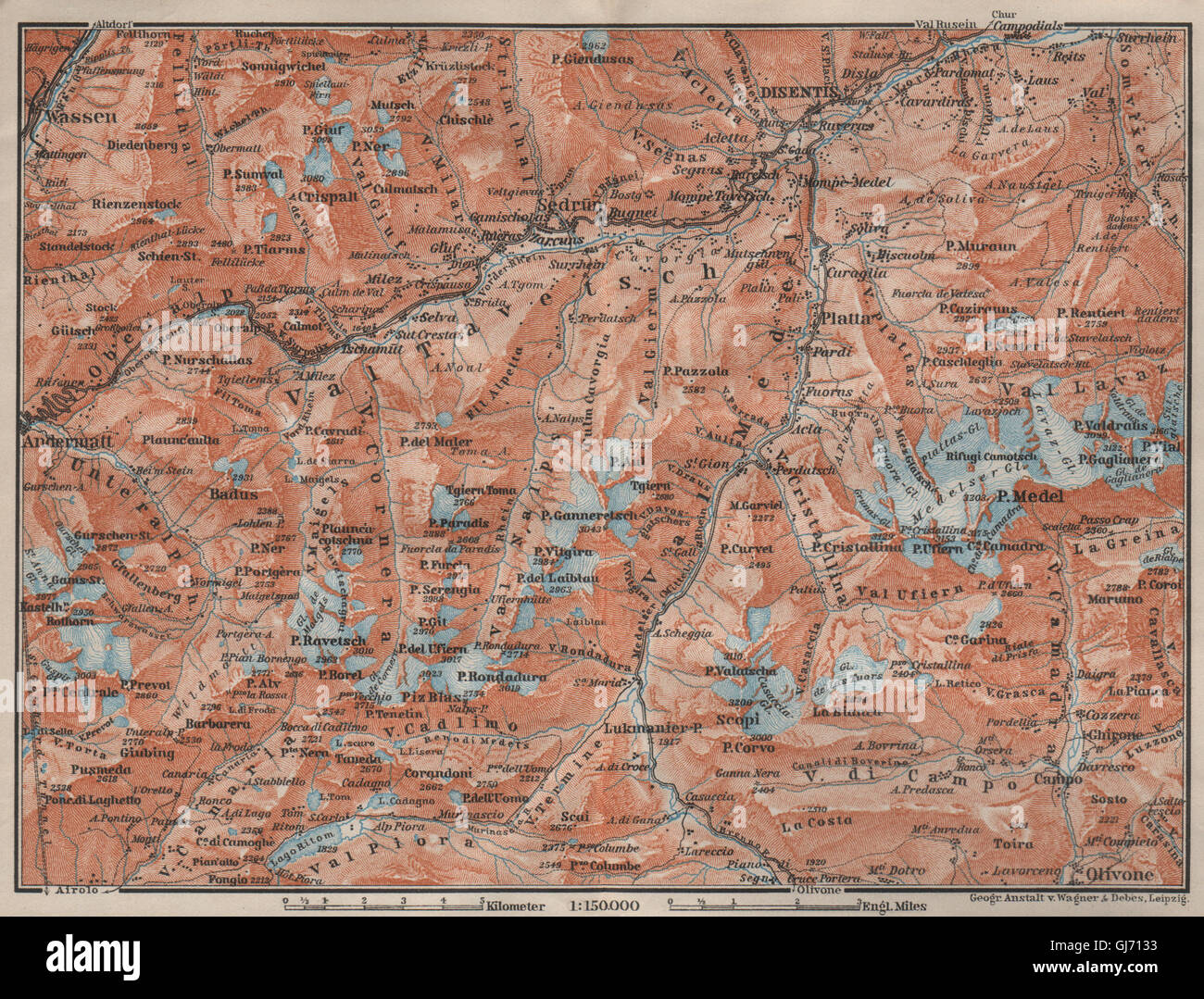 VAL TAVETSCH/MEDEL. Andermatt Disentis Sedrun Wassen Piz Medel. Topo-map 1909 Stock Photo