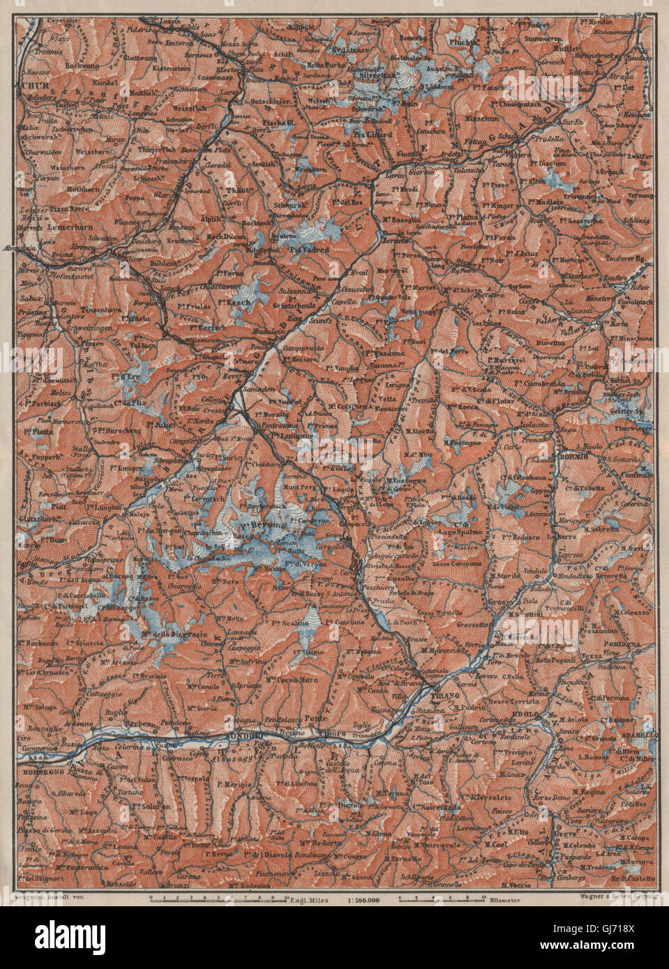 ENGADINE/VAL TELLINA. Davos Arosa Sils Bormio Livigno Sondrio Chur, 1909 map Stock Photo