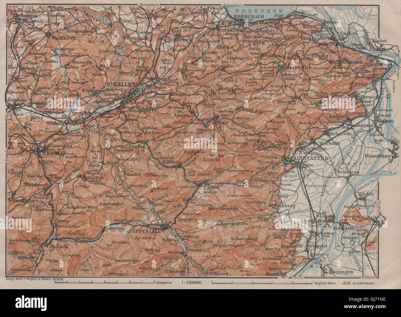 ST GALLEN/APPENZELL area. Herigau Altstätten Heiden Rheineck Rorschach, 1911 map Stock Photo