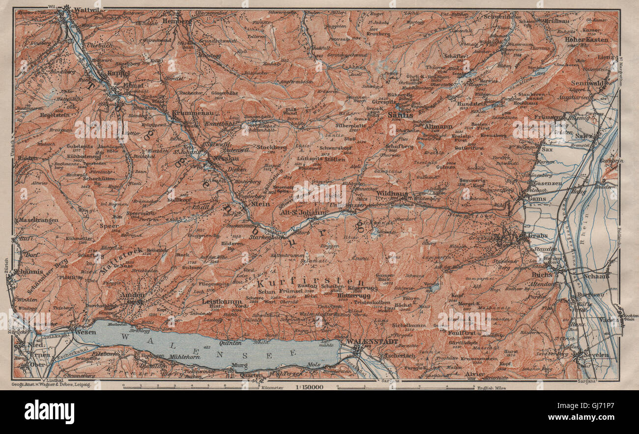 THUR VALLEY.Säntis Toggenburg Wildhaus Alt St Johann Unterwasser Grabs, 1911 map Stock Photo