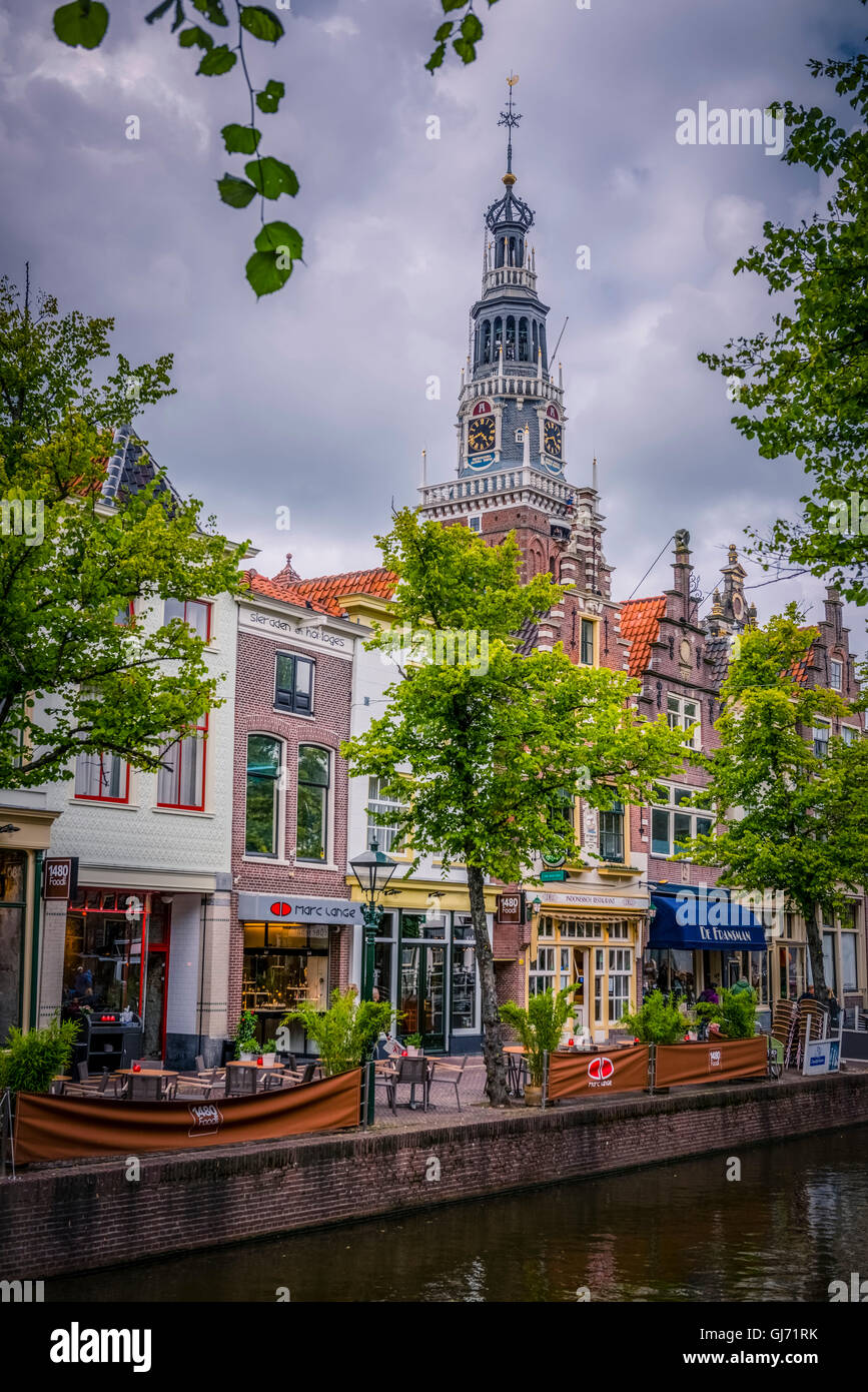 The Netherlands, Alkmaar, church, church steeple, canal Stock Photo