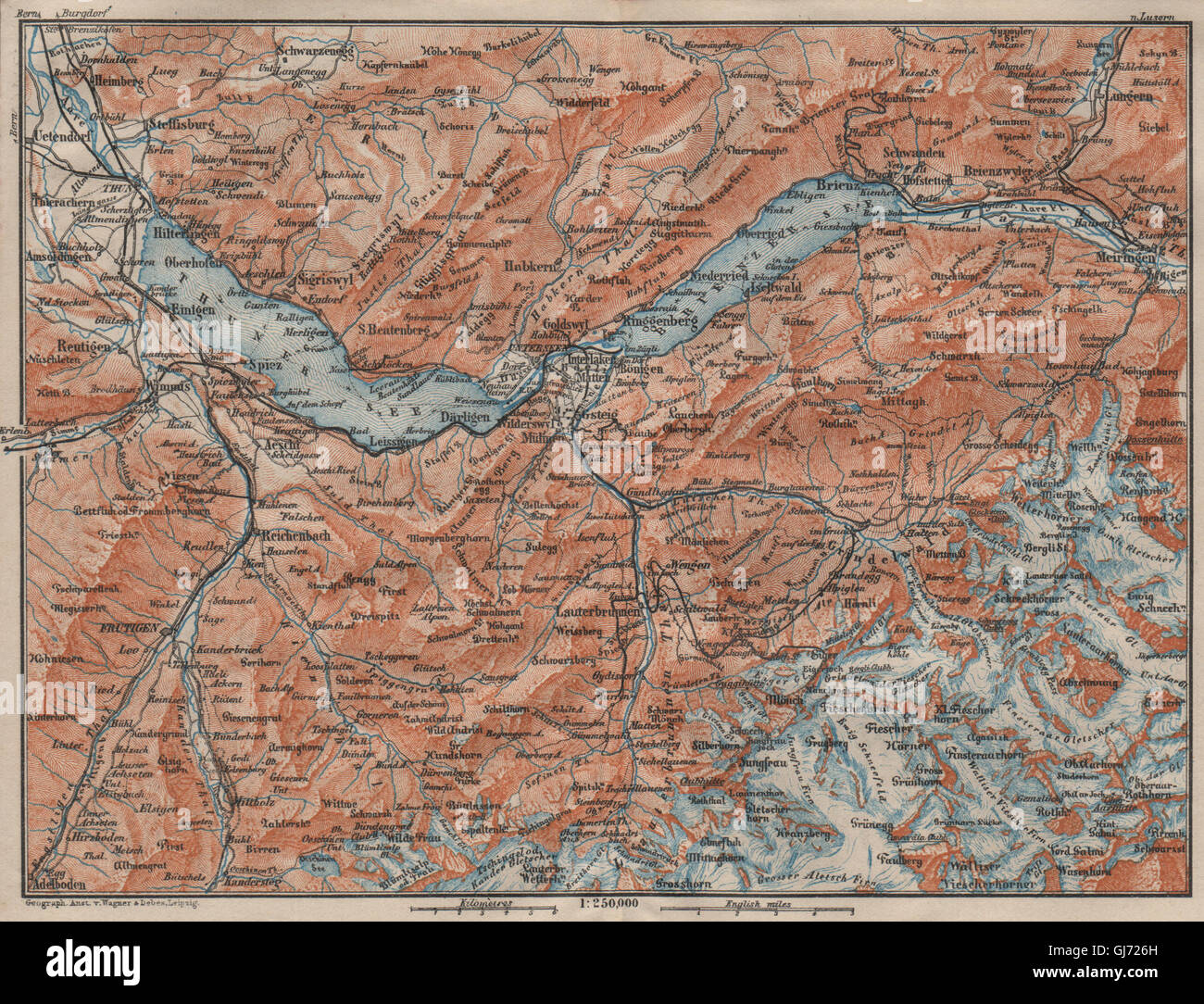BERNESE OBERLAND. Wengen Mürren Grundelwald Reutigen Interlaken Eiger, 1911 map Stock Photo