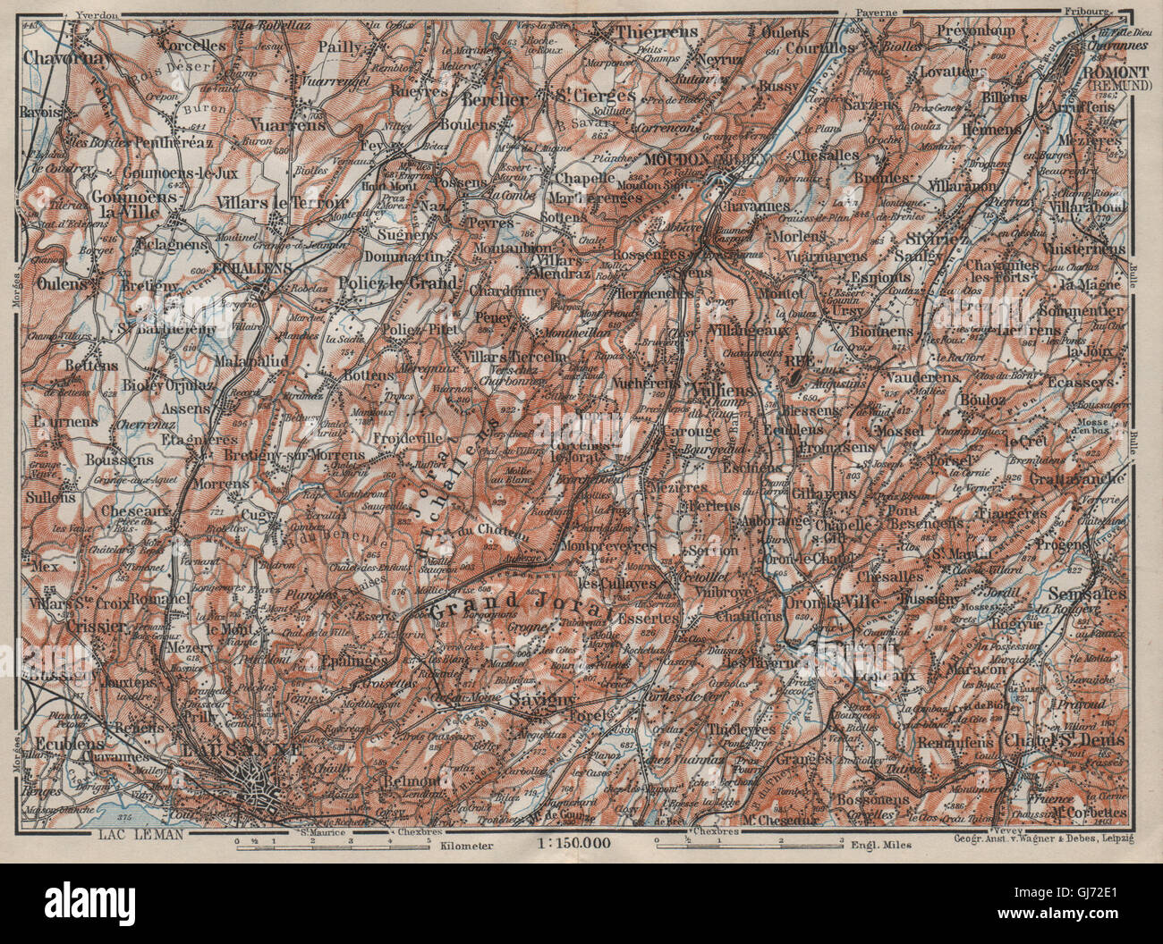 PAYS DE VAUD North. Lausanne Moudon Romont Jorat Moudon Echallens, 1911 map Stock Photo