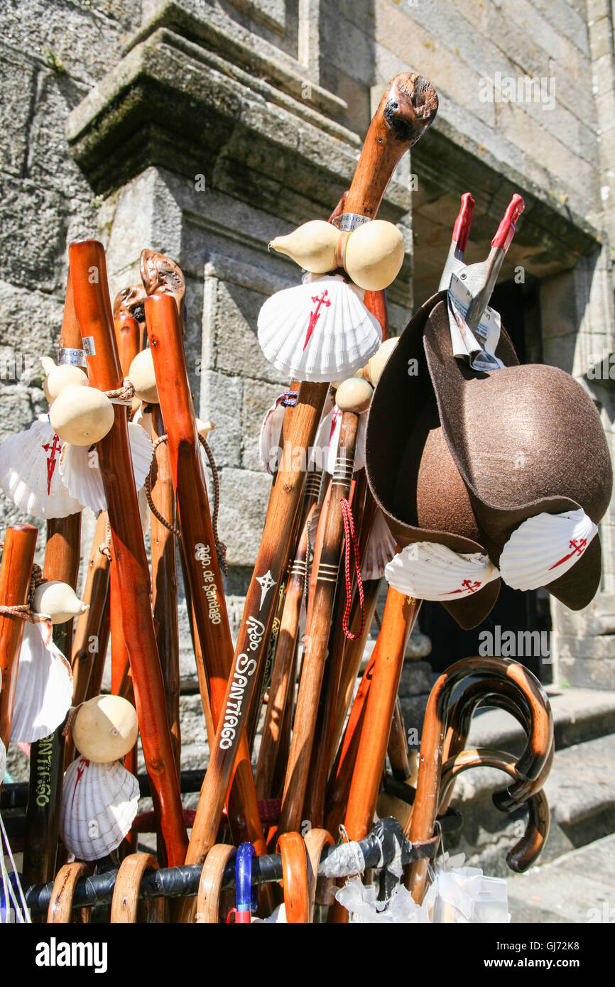Pilgrim staff's, walking sticks for sale at this tourist stand near  Santiago de Compestela Cathedral. The gourd was traditionall Stock Photo -  Alamy