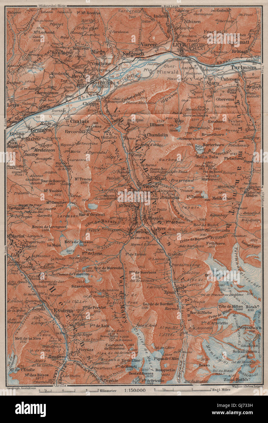 SIERRE & VAL D'ANNIVIERS. Crans-Montana Grimentz Leukle Weisshorn, 1911 map Stock Photo