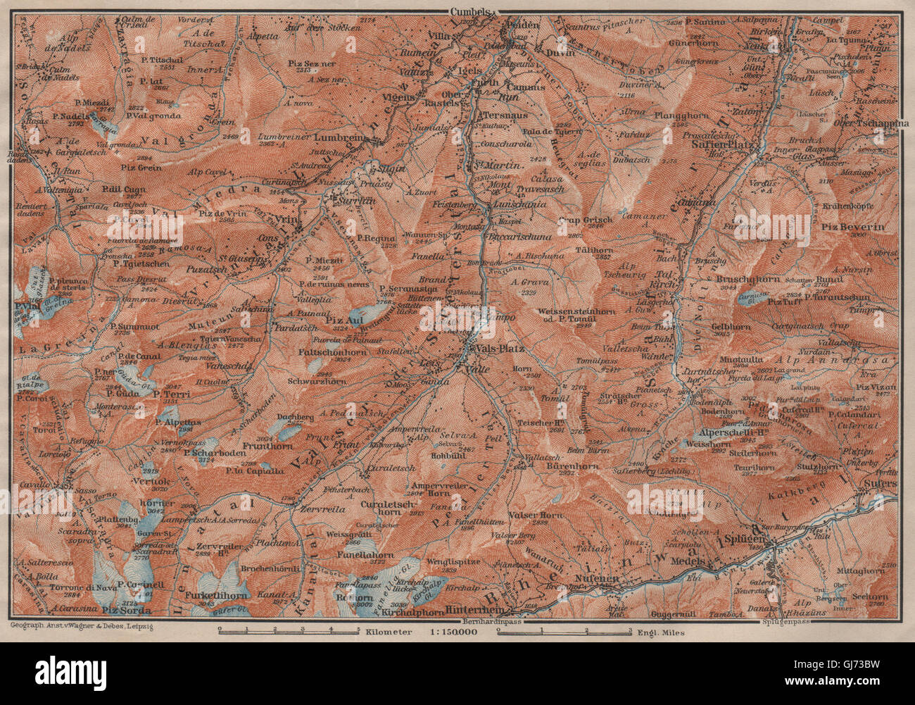 LUGNETZTAL SURSELVA. Valserrhein Furketlihorn Hinterrhein Splügen, 1911 map Stock Photo