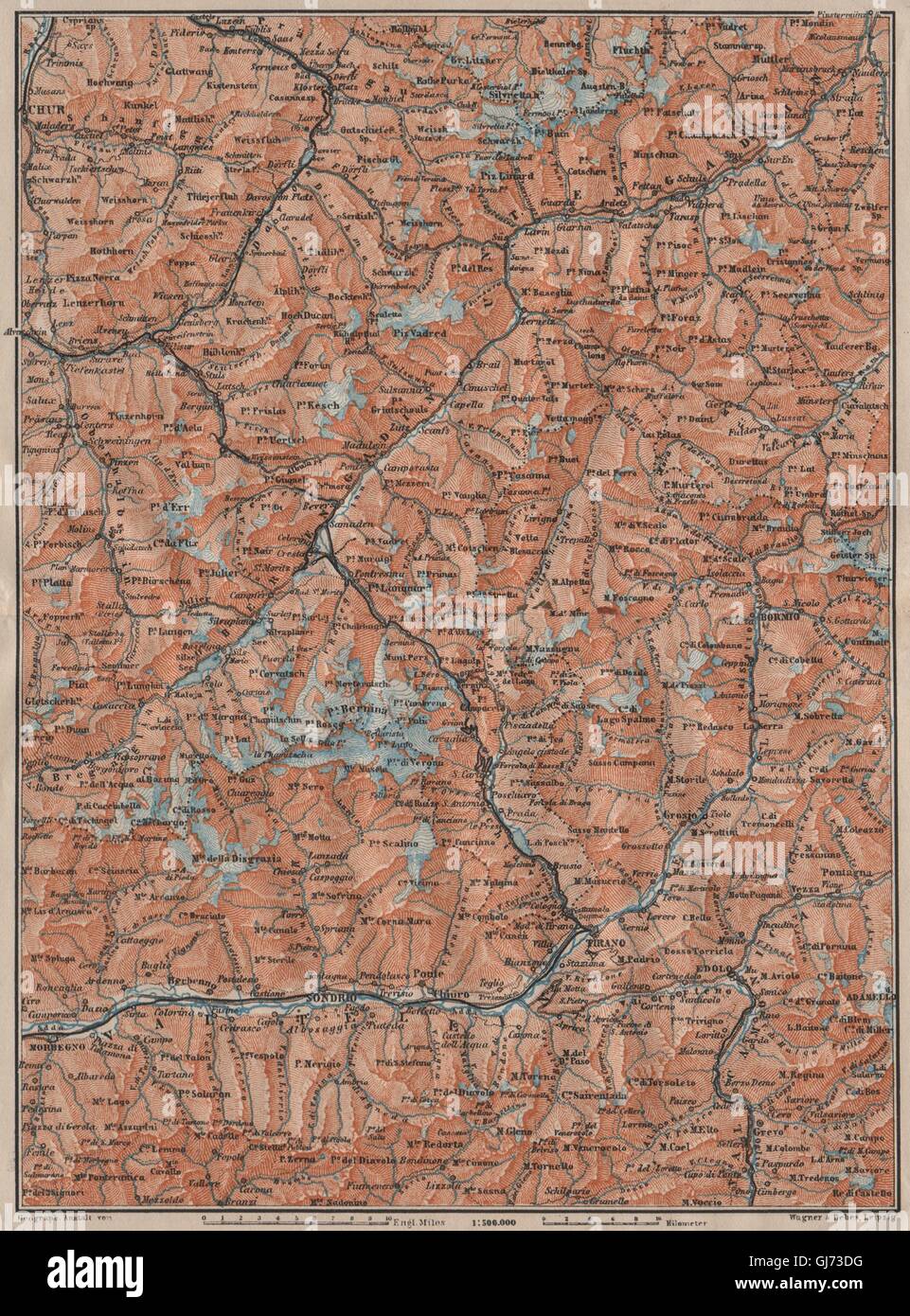 ENGADINE/VAL TELLINA. Davos Arosa Sils Bormio Livigno Sondrio Chur, 1911 map Stock Photo