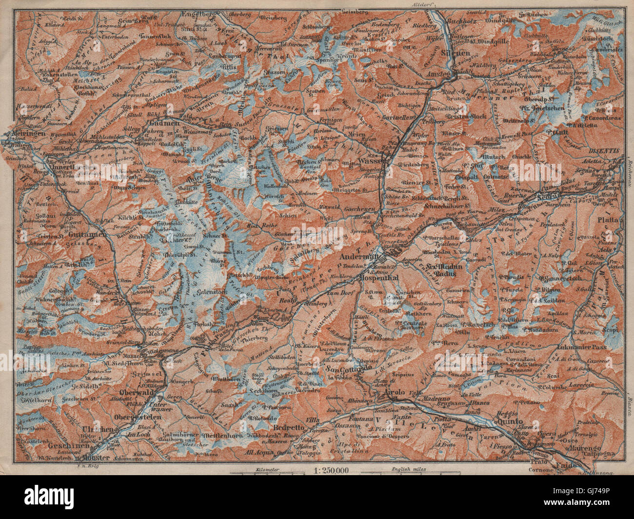 ST GOTTHARD area. Andermatt Engelberg Silenen Gadmen Ulrichen Disentis, 1913 map Stock Photo