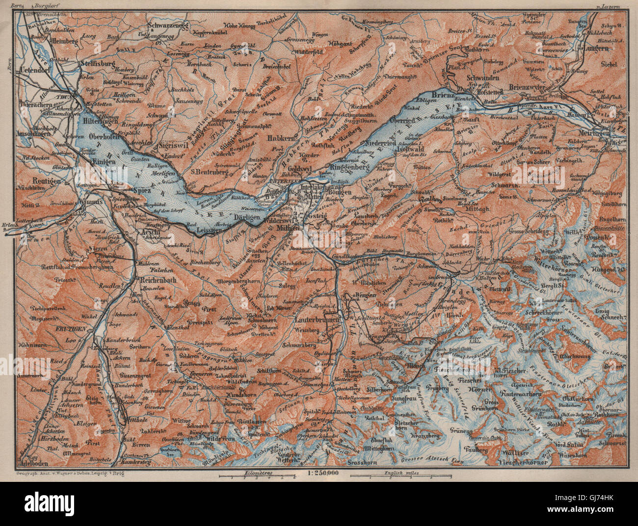 BERNESE OBERLAND. Wengen Mürren Grundelwald Reutigen Interlaken Eiger, 1913 map Stock Photo
