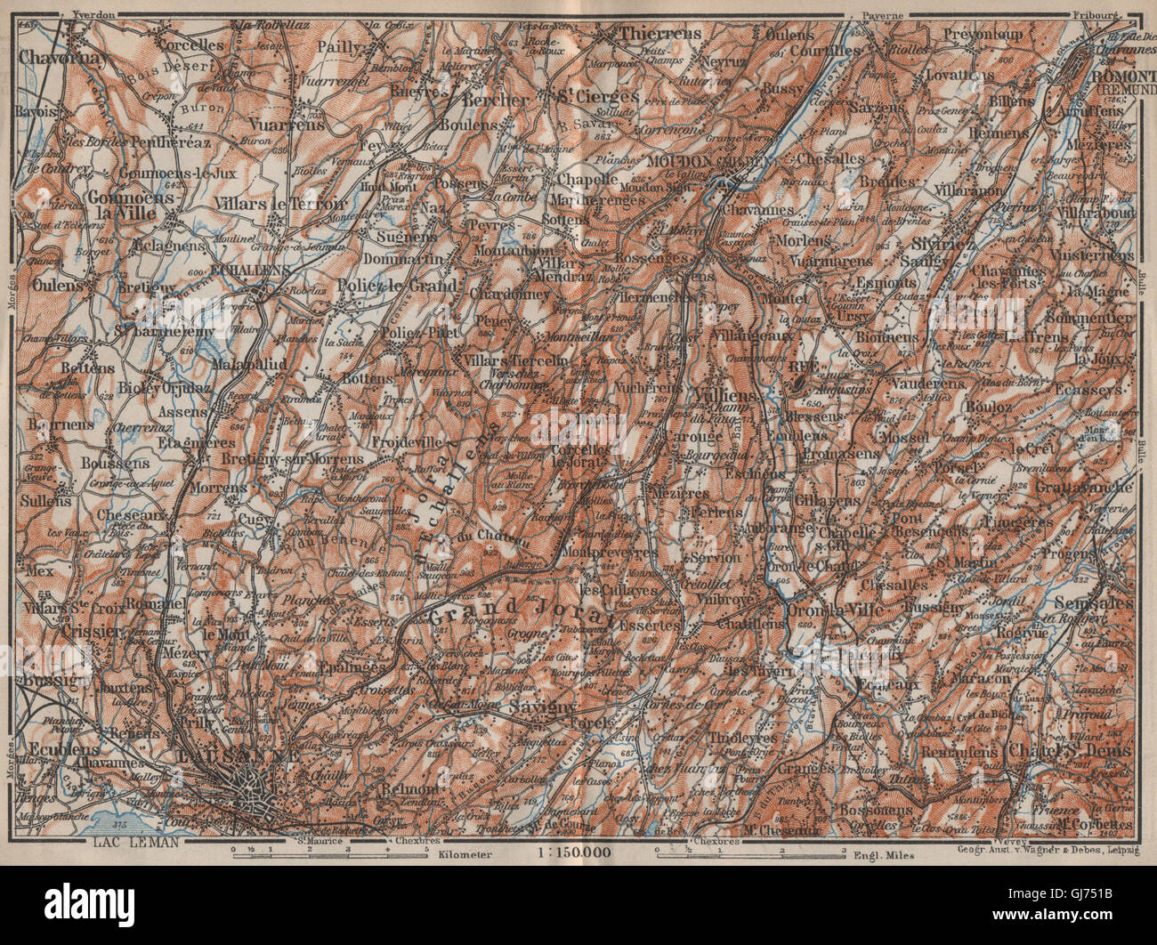 PAYS DE VAUD North. Lausanne Moudon Romont Jorat Moudon Echallens, 1913 map Stock Photo