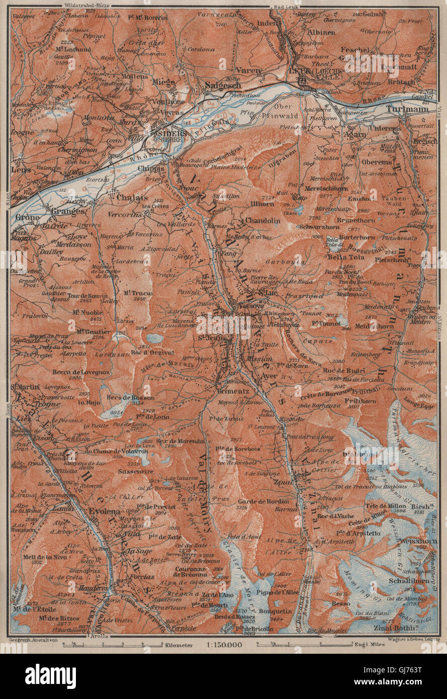 SIERRE & VAL D'ANNIVIERS. Crans-Montana Grimentz Leukle Weisshorn, 1913 map Stock Photo