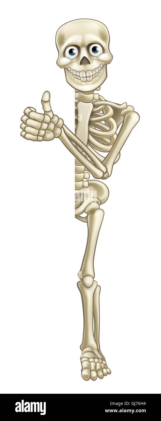 A skeleton cartoon character giving a thumbs up around a sign Stock Photo -  Alamy