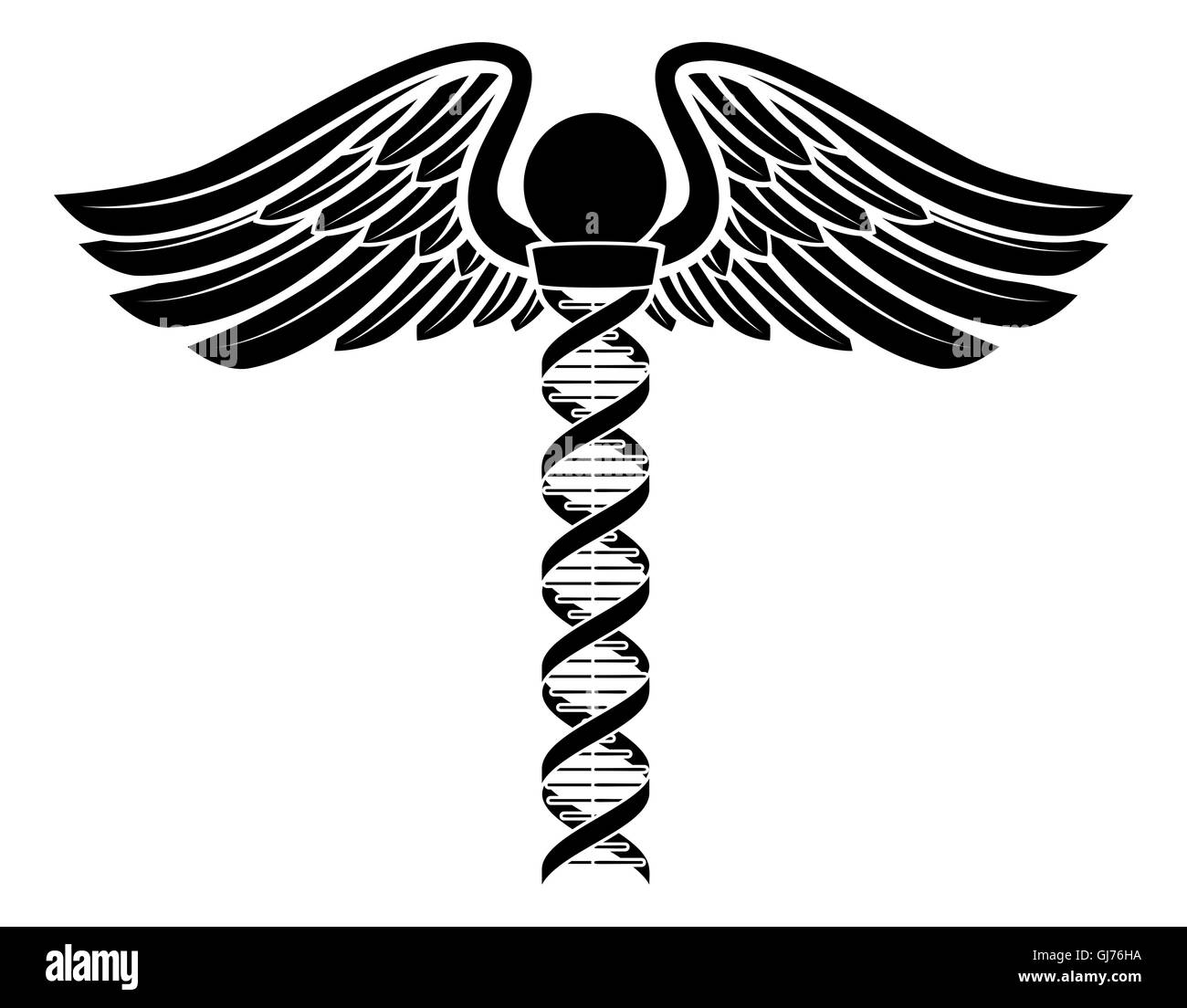 Caduceus medical symbol with a human DNA double helix genetic chromosome strand making up the central rod. Stock Photo
