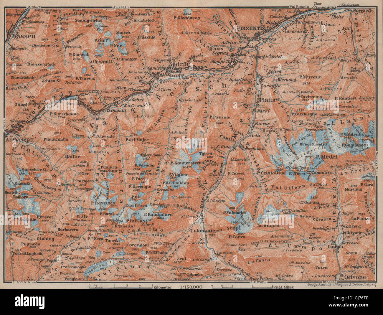 VAL TAVETSCH/MEDEL. Andermatt Disentis Sedrun Wassen Piz Medel. Topo-map 1913 Stock Photo