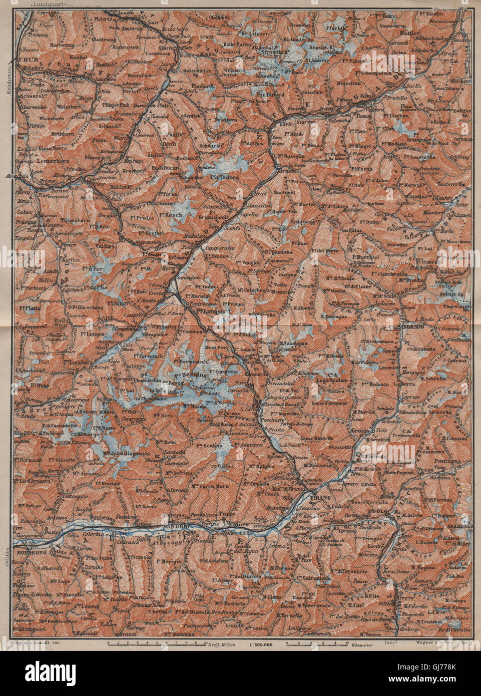 ENGADINE/VAL TELLINA. Davos Arosa Sils Bormio Livigno Sondrio Chur, 1913 map Stock Photo