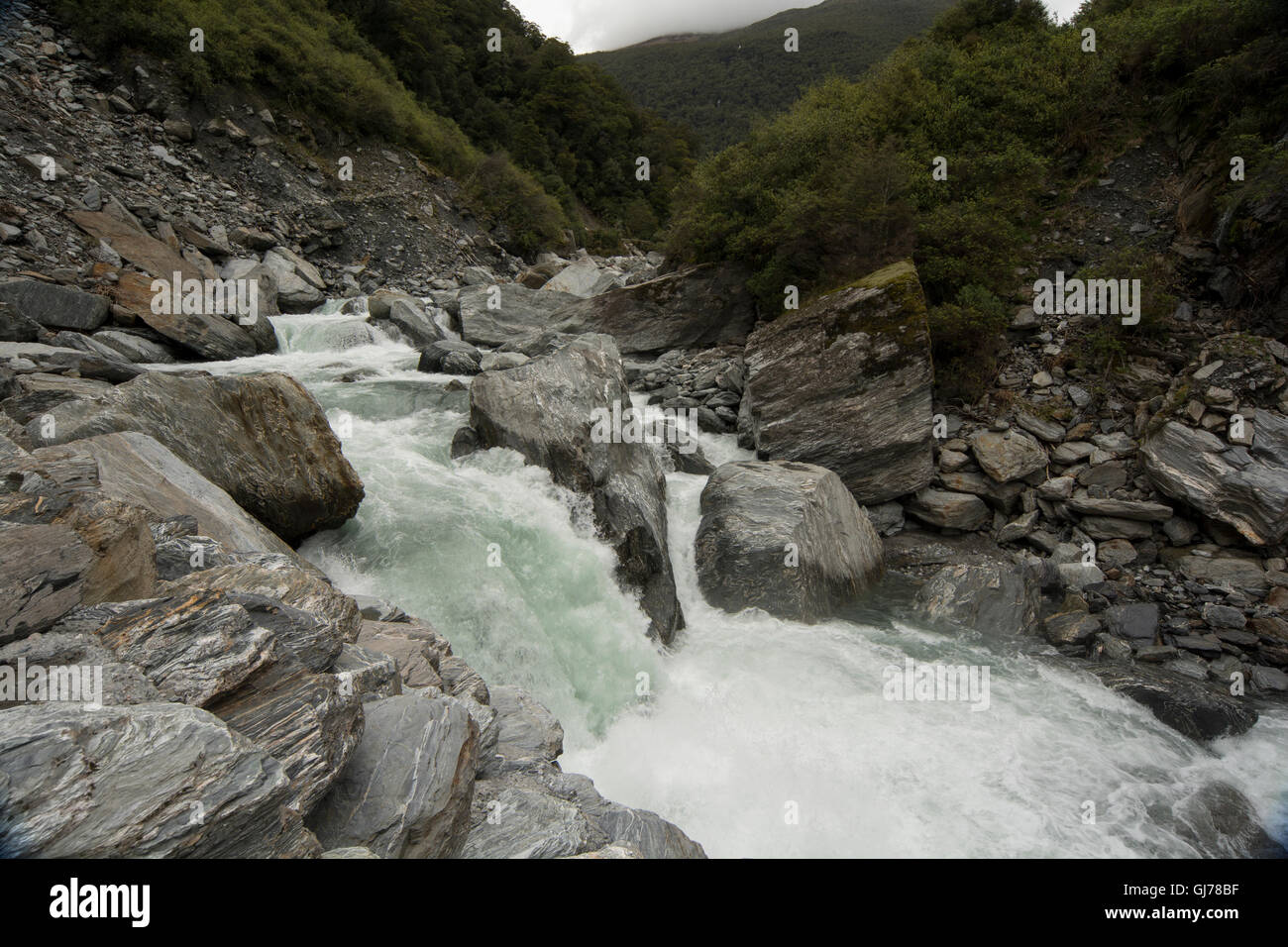 The Gates of Haast  is a tremendous gorge shaped by the Haast River in the Southern Alps. Stock Photo