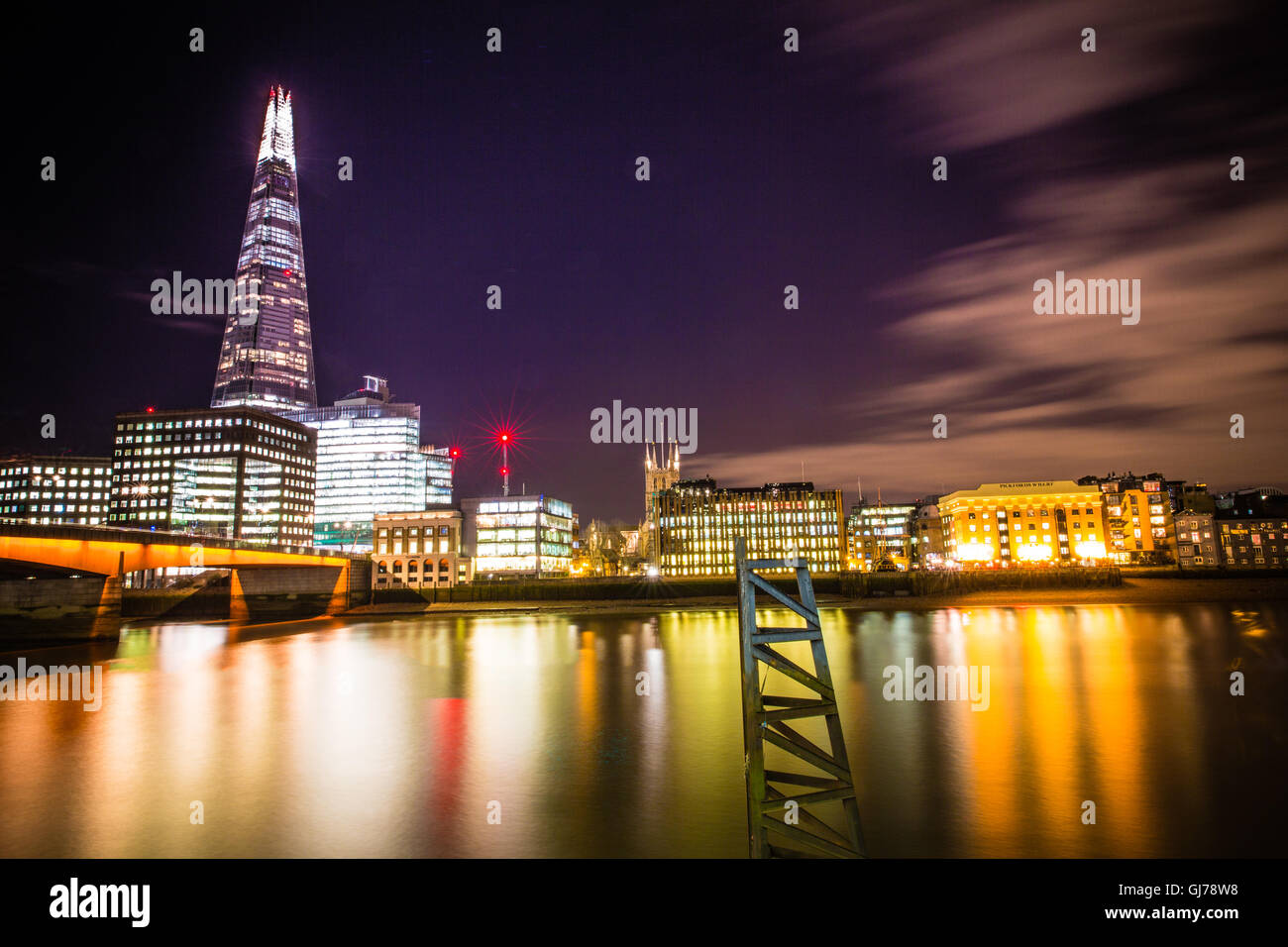 View from the southbank of the Thames of Shard and other buildings in the evening, London, UK. Stock Photo