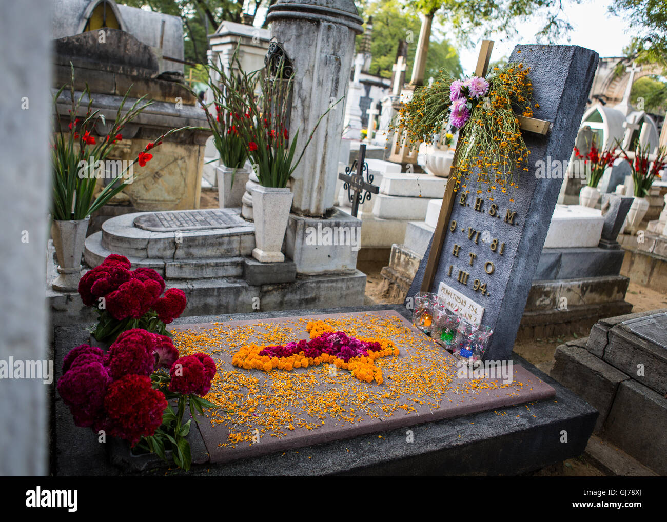 Day of the dead,decoration of graves at San Miguel cemetary, Oaxaca