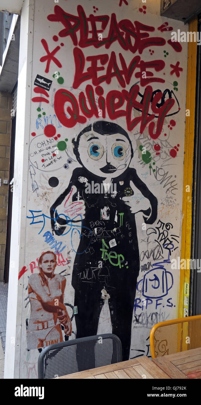 Frank Sidebottom, Please Leave Quietly, Northern Quarter Artwork, NQ, Manchester, North West England, UK, M1 1JR Stock Photo