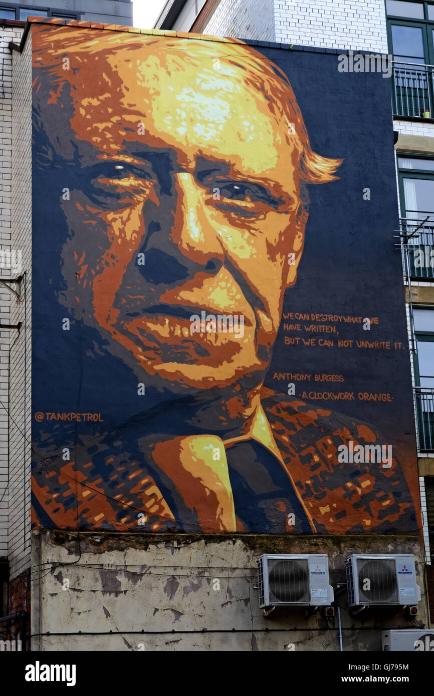 Author Anthony Burgess mural art work, Northern Quarter, Brightwell walk, Manchester M4 5JD Stock Photo