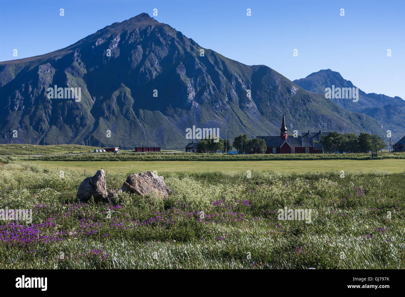 The four-naved church of Flakstad Stock Photo