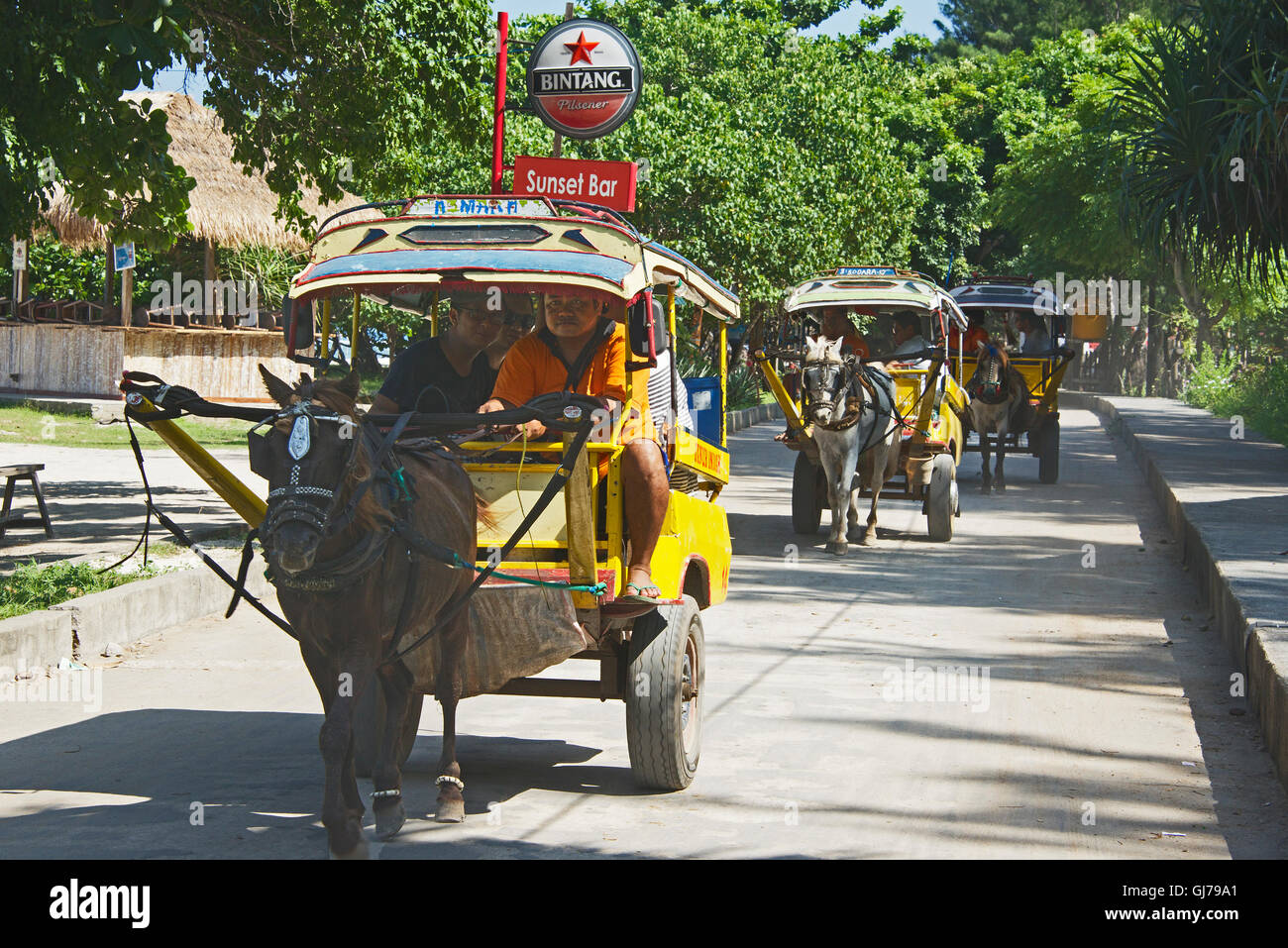 Three horse drawn taxis Gili Trawangan Indonesia Stock Photo