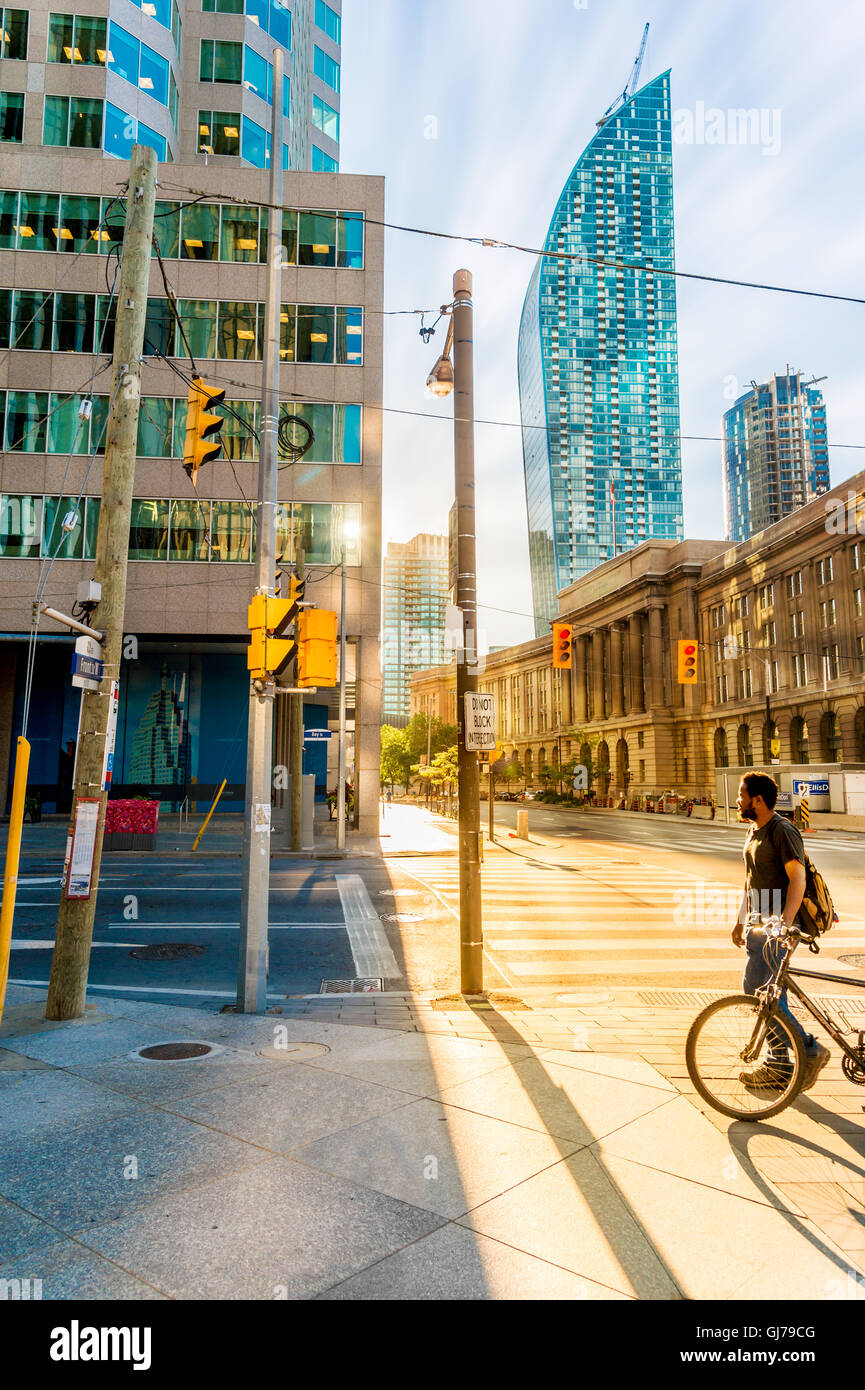 Toronto, Canada - 2 July 2016: Front Street in Toronto in the morning with L Tower in the background Stock Photo