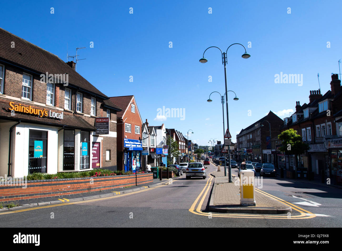 Shenley Road, Borehamwood high street with Sainsbury's local Stock Photo