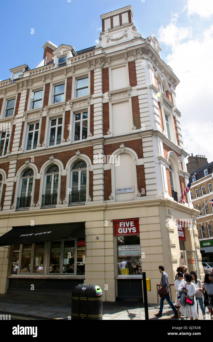 Five Guys Burger restaurant at Covent Garden in London, the US chain taking a bite of Britain's burger industry Stock Photo