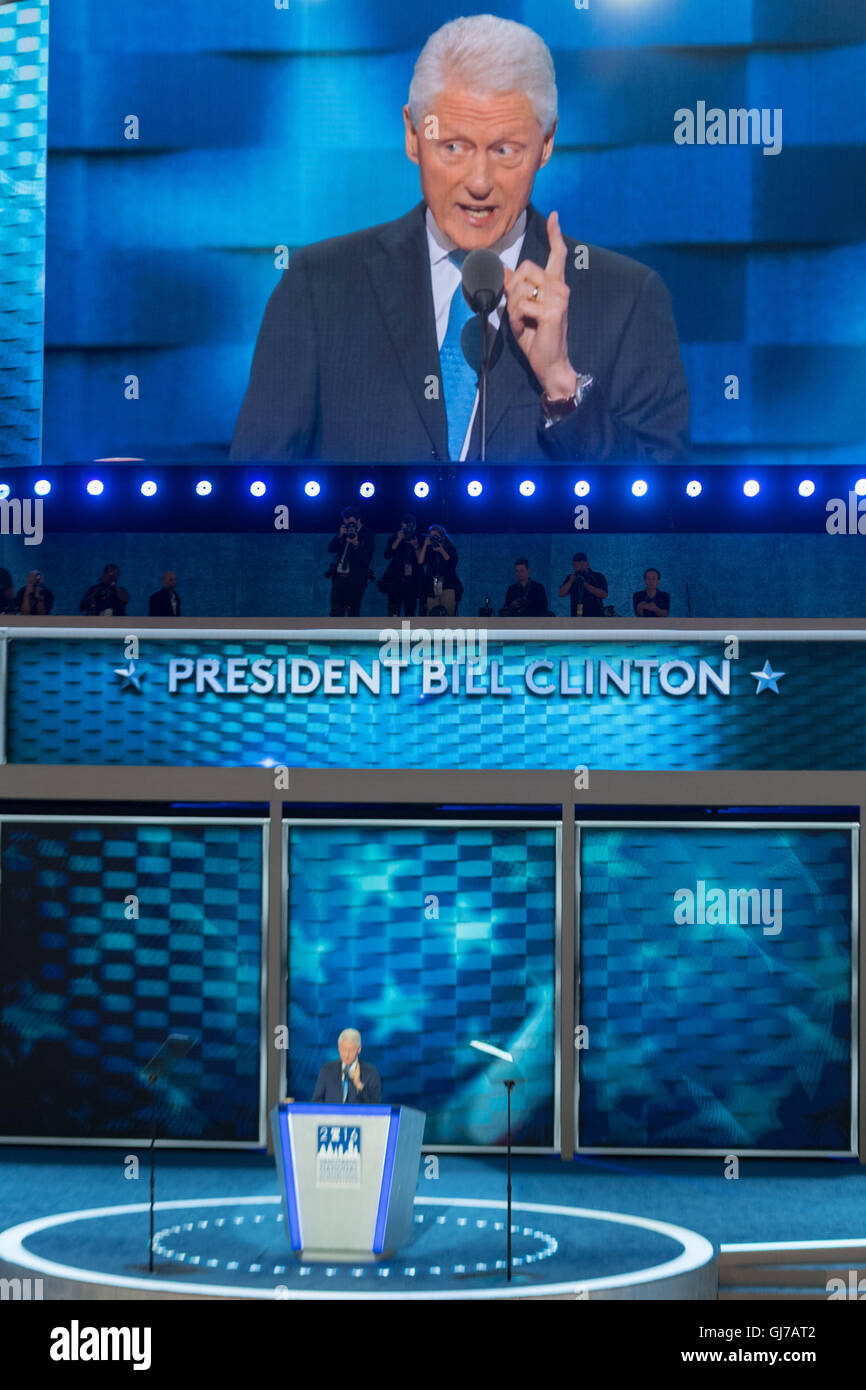 Former President Bill Clinton gives the keynote address at the 2nd day of the Democratic National Convention at the Wells Fargo Center July 26, 2016 in Philadelphia, Pennsylvania. Stock Photo