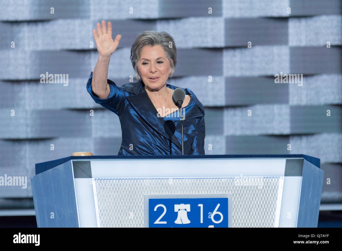 Senator Barbara Boxer of California speaks during the 2nd day of the Democratic National Convention at the Wells Fargo Center July 26, 2016 in Philadelphia, Pennsylvania. Stock Photo