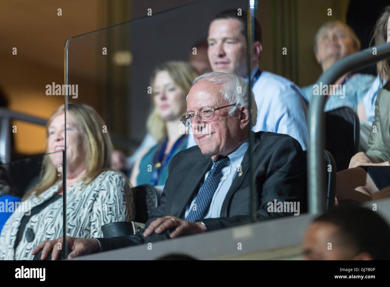 Senator Bernie Sanders watches the roll call vote during the 2nd day of the Democratic National Convention at the Wells Fargo Center July 26, 2016 in Philadelphia, Pennsylvania. Stock Photo