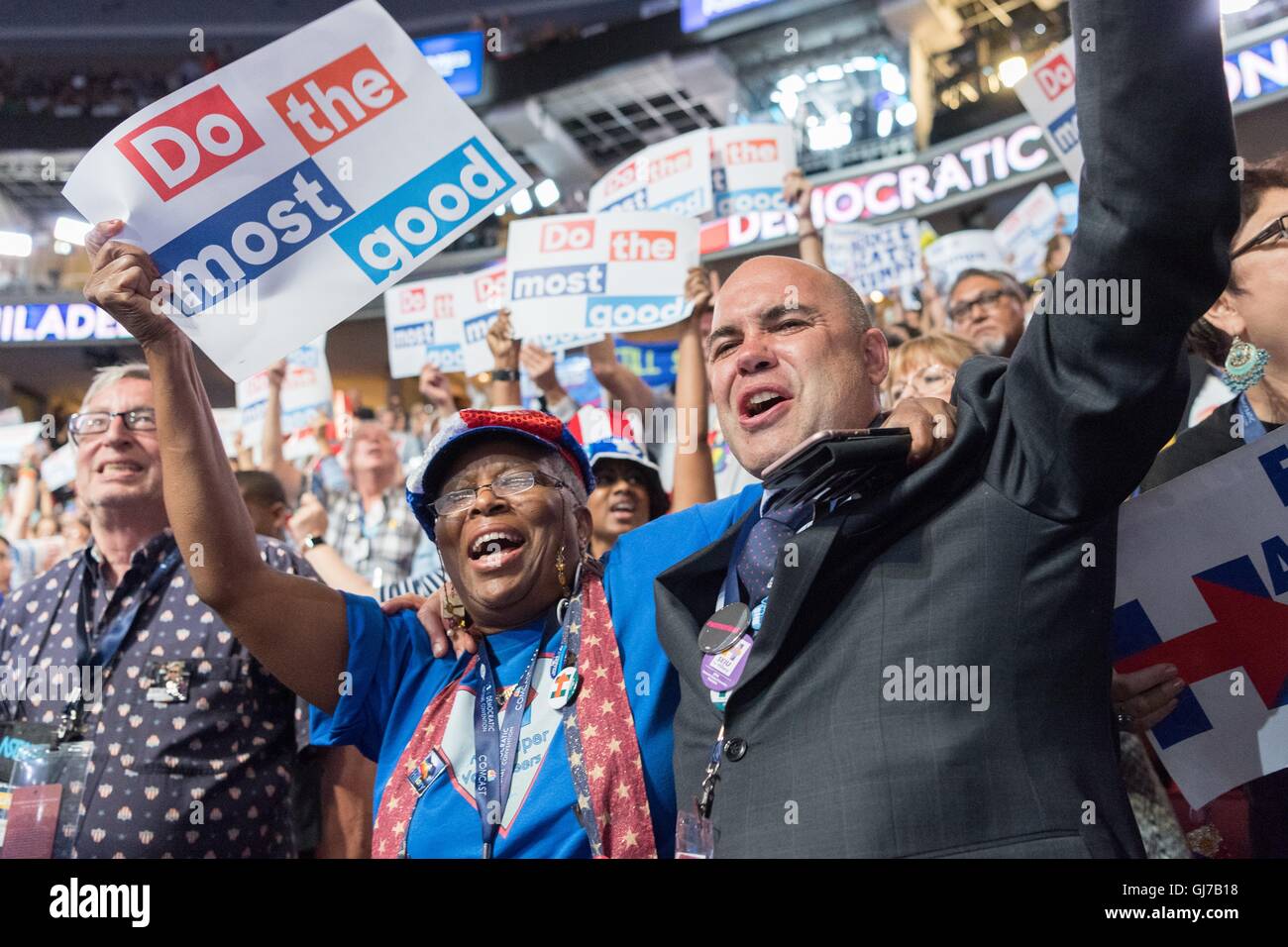 Delegates cheers for Hillary Rodham Clinton during the roll call vote during the 2nd day of the Democratic National Convention at the Wells Fargo Center July 26, 2016 in Philadelphia, Pennsylvania. Stock Photo